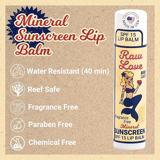 Raw Love SPF 15 Mineral Sunscreen Lip Balm | Reef Safe, Hawaii 104 Reef Act Compliant, Fragrance-Free | Broad Spectrum Natural Lip Care with Non-Nano Zinc Oxide | Made in USA | 0.15 Oz